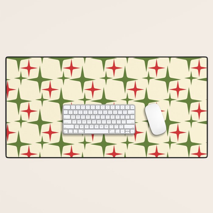 Atomic Christmas Mid Century Modern Stars Retro Xmas Red Green and Cream Pattern Desk Mat Gallery Image 1