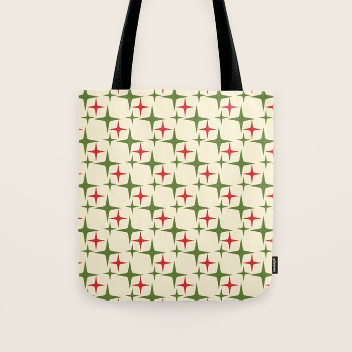 Atomic Christmas Mid Century Modern Stars Retro Xmas Red Green and Cream Pattern Tote Bag Gallery Image 1