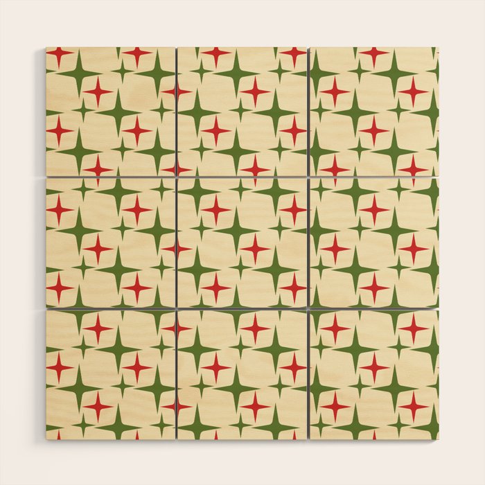 Atomic Christmas Mid Century Modern Stars Retro Xmas Red Green and Cream Pattern Wood Wall Art Gallery Image 1