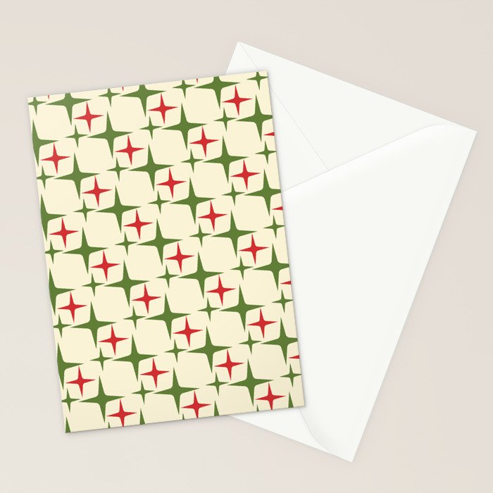 Atomic Christmas Mid Century Modern Stars Retro Xmas Red Green and Cream Pattern Stationery Card Gallery Image 2