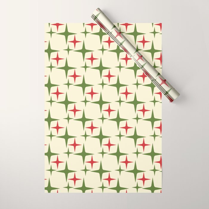 Atomic Christmas Mid Century Modern Stars Retro Xmas Red Green and Cream Pattern Wrapping Paper Gallery Image 1