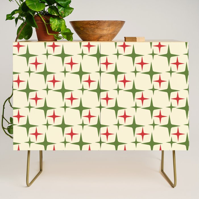 Atomic Christmas Mid Century Modern Stars Retro Xmas Red Green and Cream Pattern Credenza Gallery Image 1