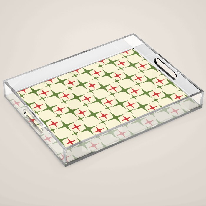 Atomic Christmas Mid Century Modern Stars Retro Xmas Red Green and Cream Pattern Acrylic Tray Gallery Image 1