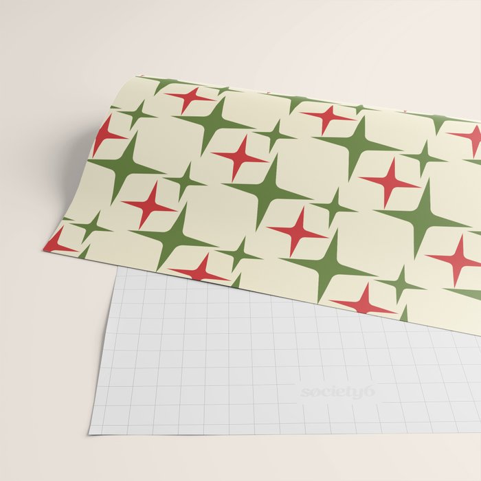 Atomic Christmas Mid Century Modern Stars Retro Xmas Red Green and Cream Pattern Wrapping Paper Gallery Image 2