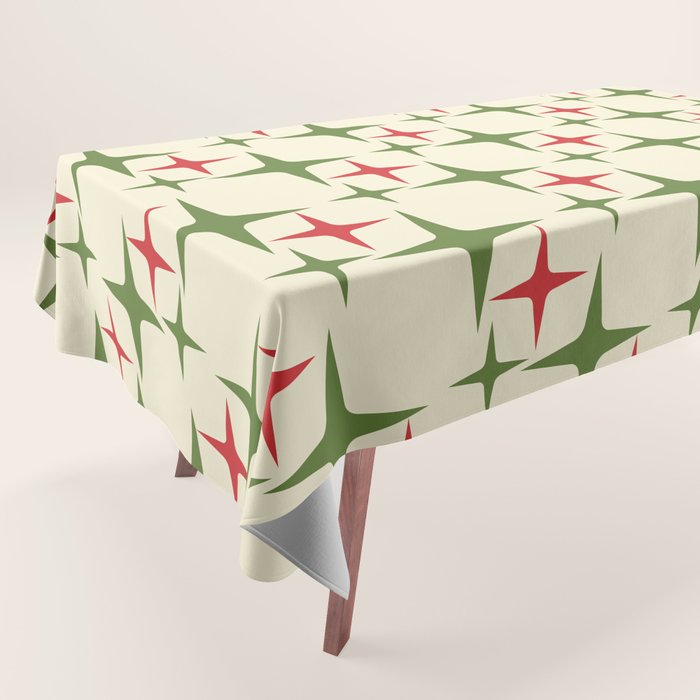 Atomic Christmas Mid Century Modern Stars Retro Xmas Red Green and Cream Pattern Tablecloth Gallery Image 1