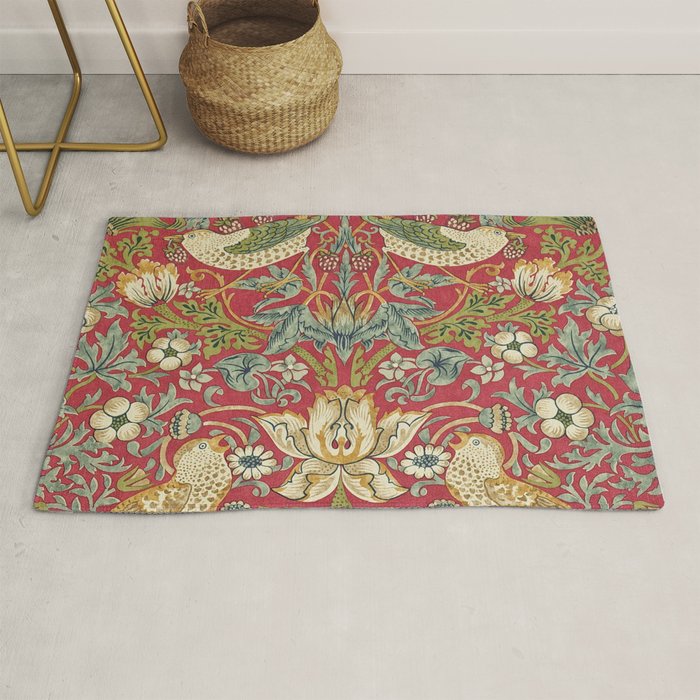 William Morris Vintage Strawberry Thief Red Crimson Slate Rug Gallery Image 1