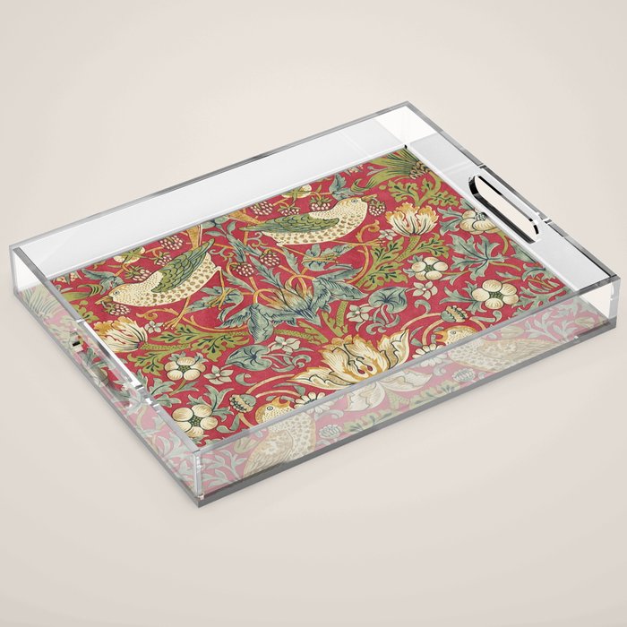 William Morris Vintage Strawberry Thief Red Crimson Slate Acrylic Tray Gallery Image 1