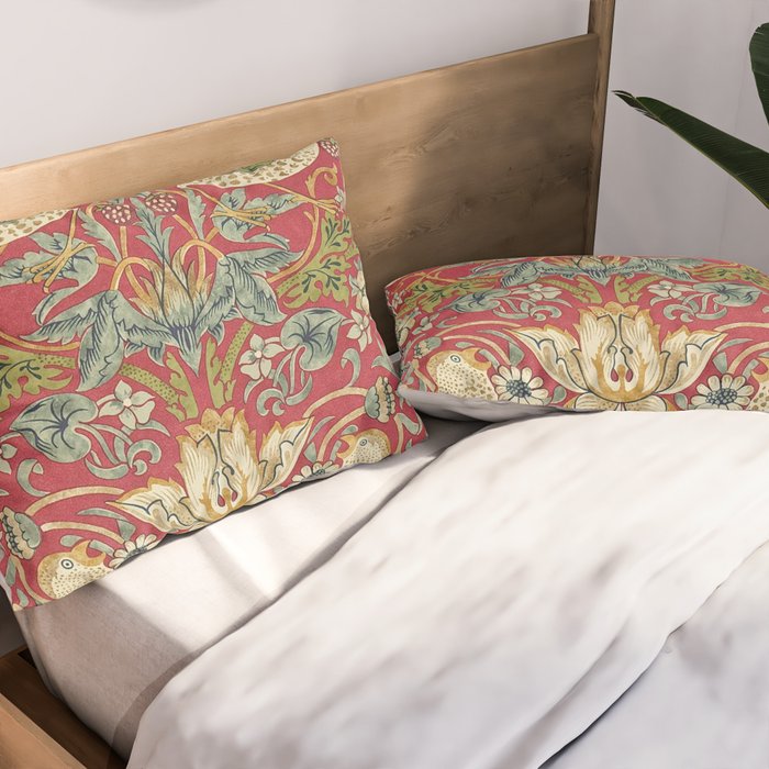 William Morris Vintage Strawberry Thief Red Crimson Slate Pillow Sham Gallery Image 2