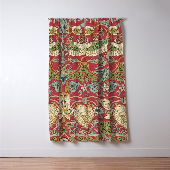 William Morris Vintage Strawberry Thief Red Crimson Slate Window Curtain Gallery Image 3
