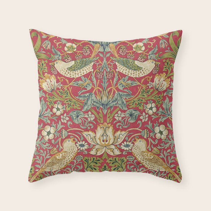 William Morris Vintage Strawberry Thief Red Crimson Slate Throw Pillow Gallery Image 1