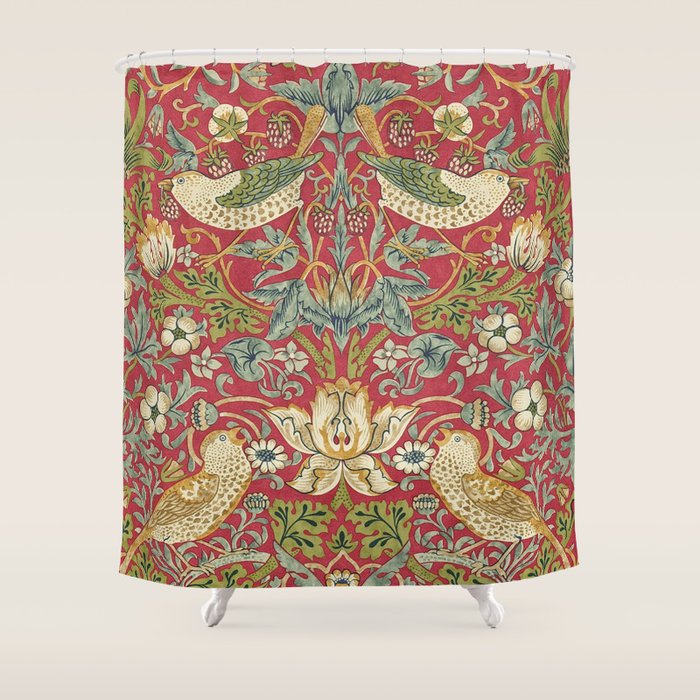 William Morris Vintage Strawberry Thief Red Crimson Slate Shower Curtain Gallery Image 1