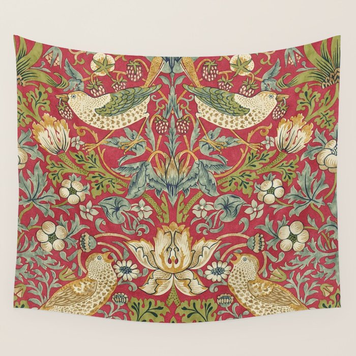 William Morris Vintage Strawberry Thief Red Crimson Slate Wall Tapestry Gallery Image 4
