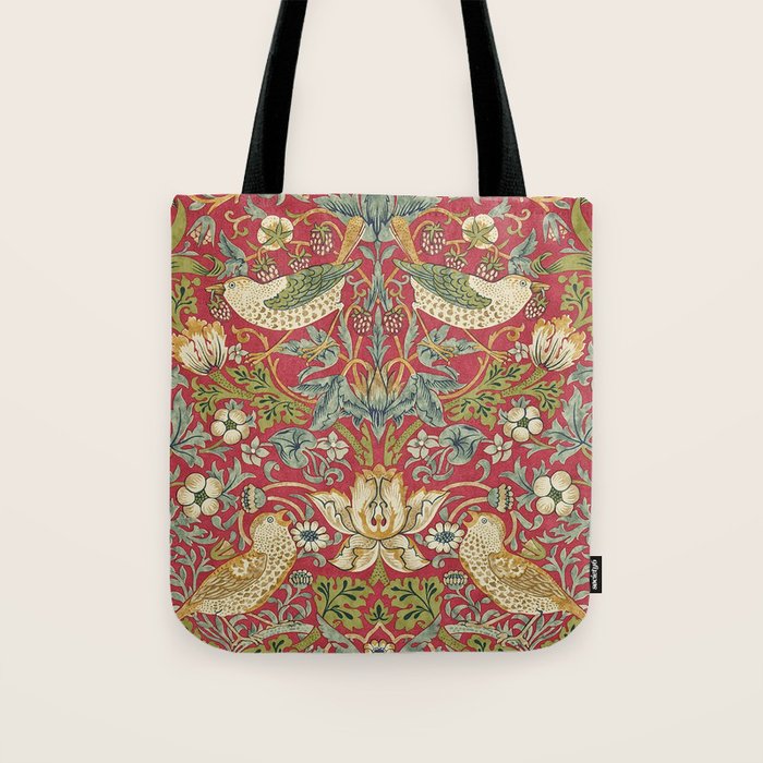 William Morris Vintage Strawberry Thief Red Crimson Slate Tote Bag Gallery Image 1