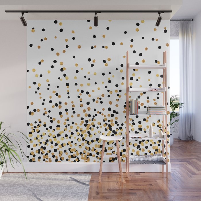 Floating Dots - Black and Gold on White Wall Mural