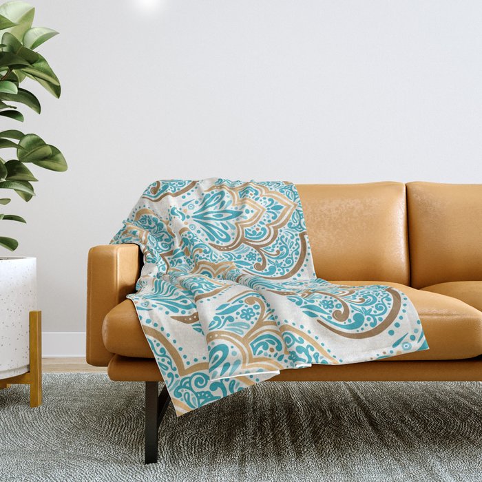 Turquoise Golden Moroccan Baroque Pattern II Throw Blanket Gallery Image 1
