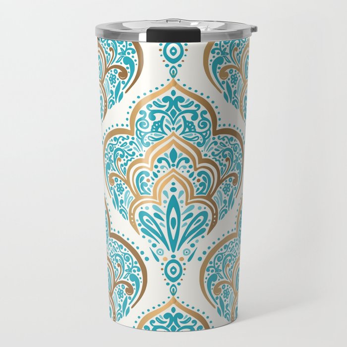 Turquoise Golden Moroccan Baroque Pattern II Travel Mug Gallery Image 1