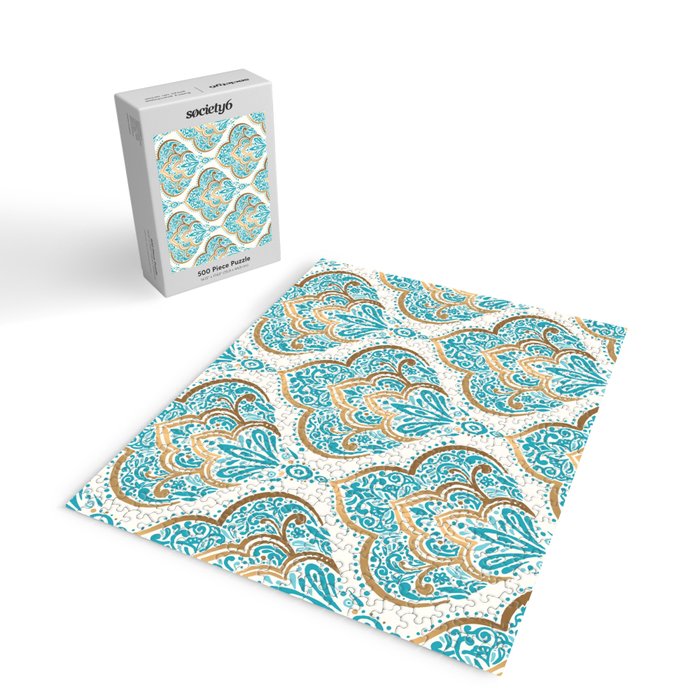 Turquoise Golden Moroccan Baroque Pattern II Jigsaw Puzzle Gallery Image 2