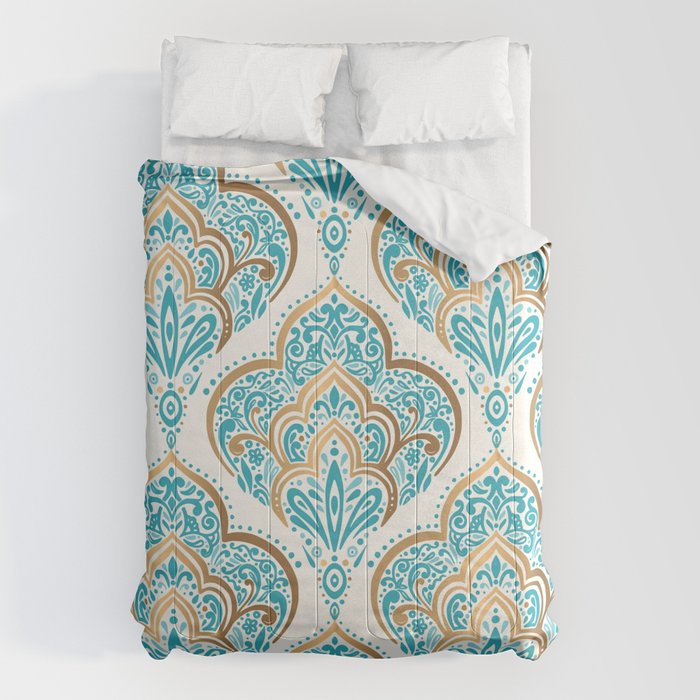 Turquoise Golden Moroccan Baroque Pattern II Comforter Gallery Image 1