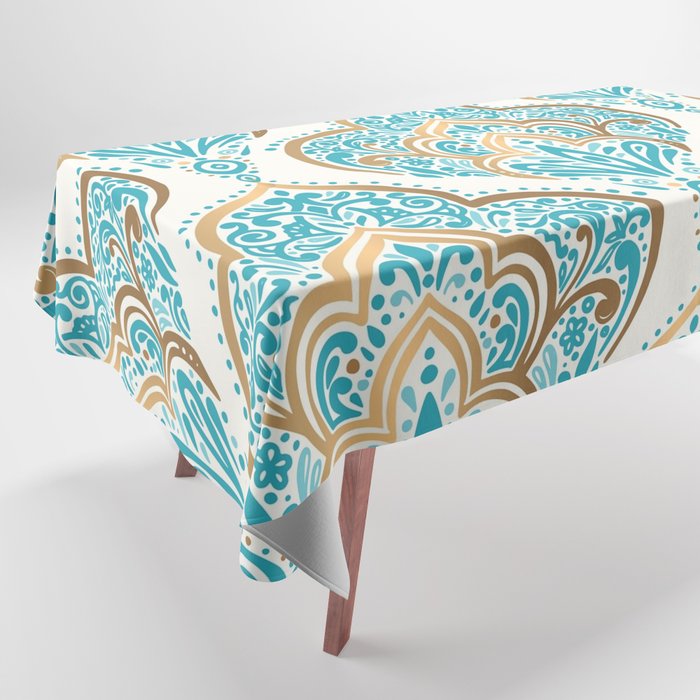 Turquoise Golden Moroccan Baroque Pattern II Tablecloth Gallery Image 1