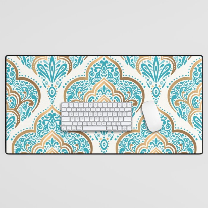 Turquoise Golden Moroccan Baroque Pattern II Desk Mat Gallery Image 1