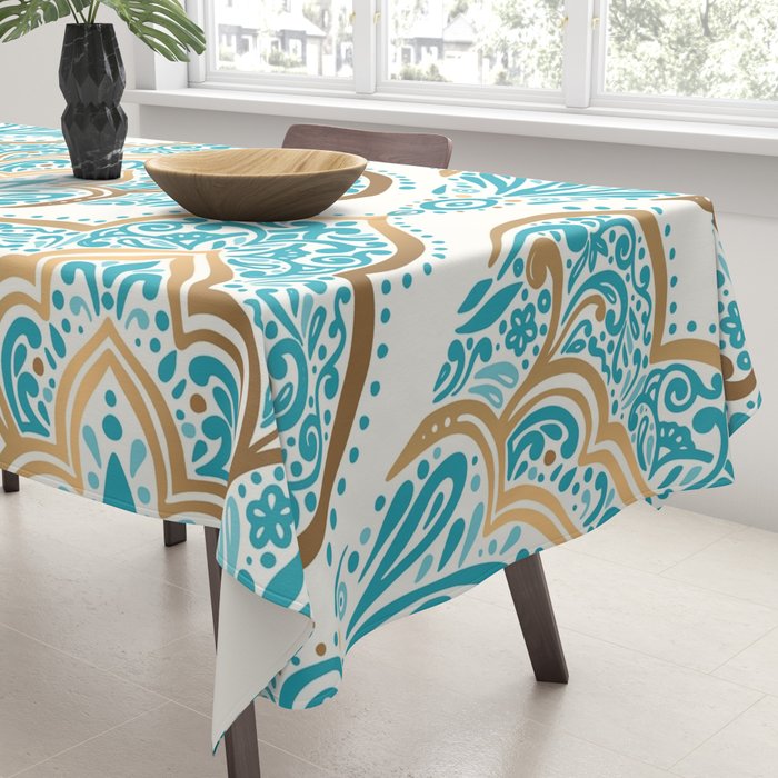 Turquoise Golden Moroccan Baroque Pattern II Tablecloth Gallery Image 3
