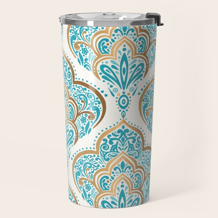 Turquoise Golden Moroccan Baroque Pattern II Travel Mug Gallery Image 2