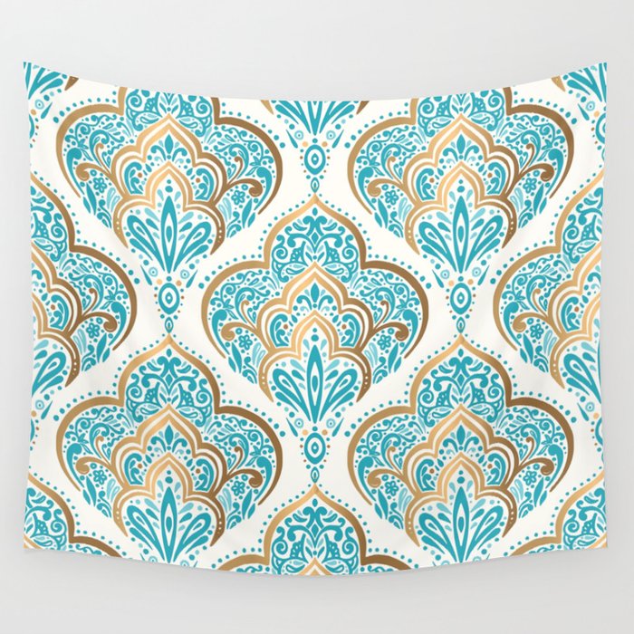 Turquoise Golden Moroccan Baroque Pattern II Wall Tapestry Gallery Image 1