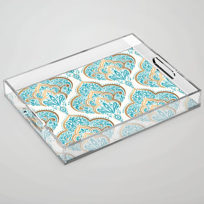 Turquoise Golden Moroccan Baroque Pattern II Acrylic Tray Gallery Image 1