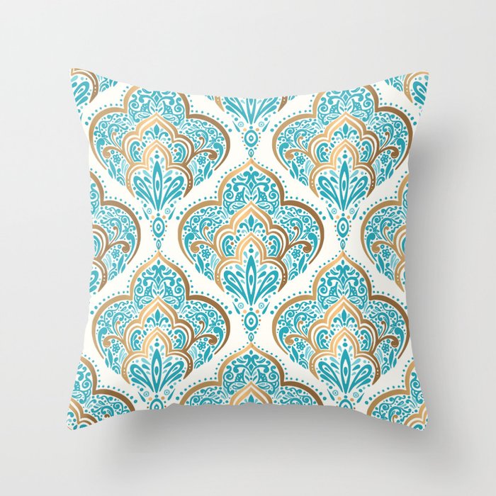 Turquoise Golden Moroccan Baroque Pattern II Throw Pillow Gallery Image 1