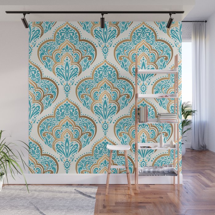 Turquoise Golden Moroccan Baroque Pattern II Wall Mural Gallery Image 1
