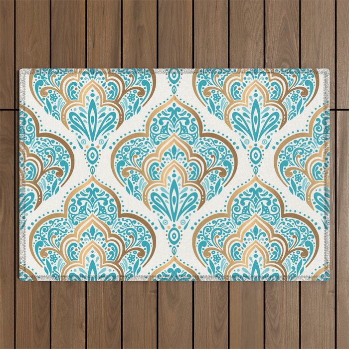 Turquoise Golden Moroccan Baroque Pattern II Outdoor Rug Gallery Image 1