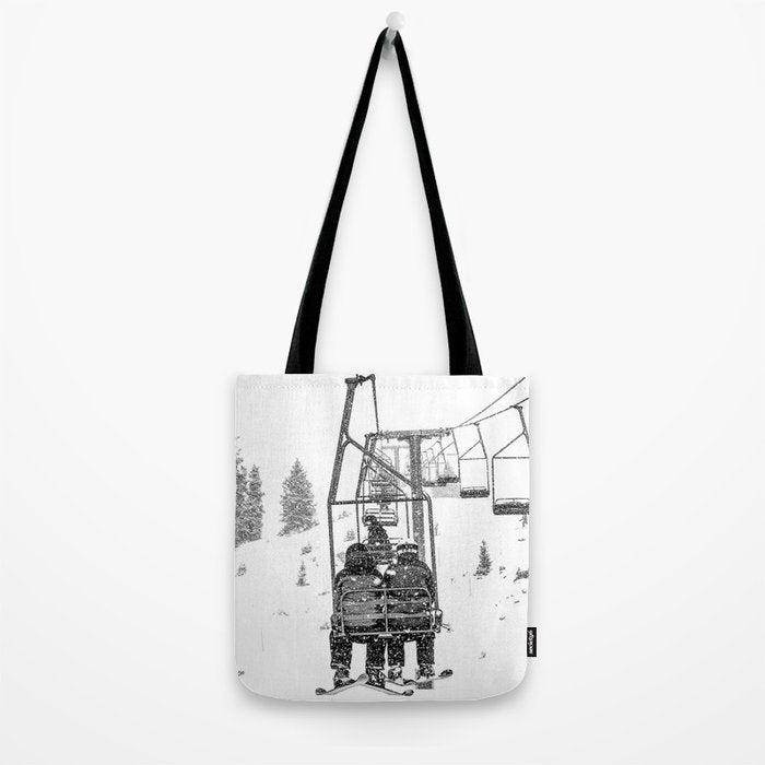 Snow Lift // Ski Chair Lift Colorado Mountains Black and White Snowboarding Vibes Photography Tote Bag Gallery Image 2