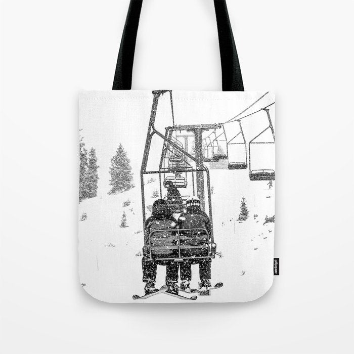 Snow Lift // Ski Chair Lift Colorado Mountains Black and White Snowboarding Vibes Photography Tote Bag Gallery Image 1