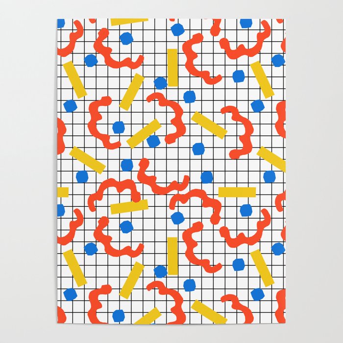 Primal - memphis throwback squiggle circle geometric grid lines dots trendy hipster 80s retro cool Poster Gallery Image 1
