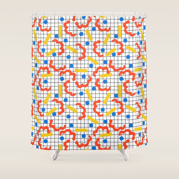 Primal - memphis throwback squiggle circle geometric grid lines dots trendy hipster 80s retro cool Shower Curtain Gallery Image 1