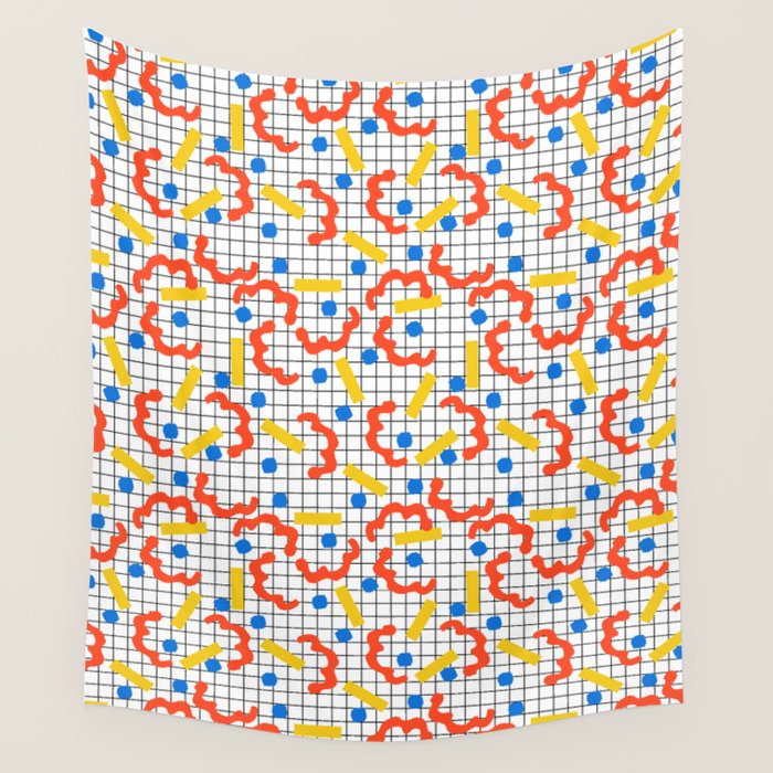 Primal - memphis throwback squiggle circle geometric grid lines dots trendy hipster 80s retro cool Wall Tapestry Gallery Image 1