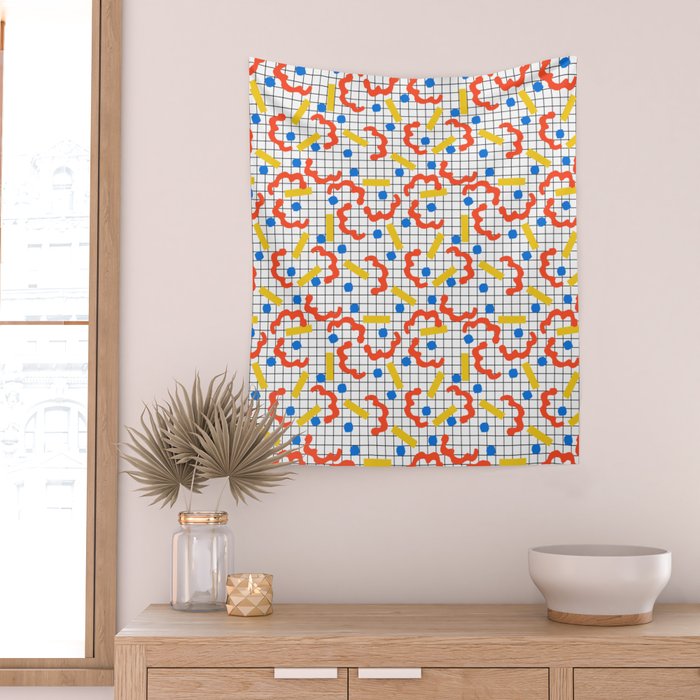 Primal - memphis throwback squiggle circle geometric grid lines dots trendy hipster 80s retro cool Wall Tapestry Gallery Image 2
