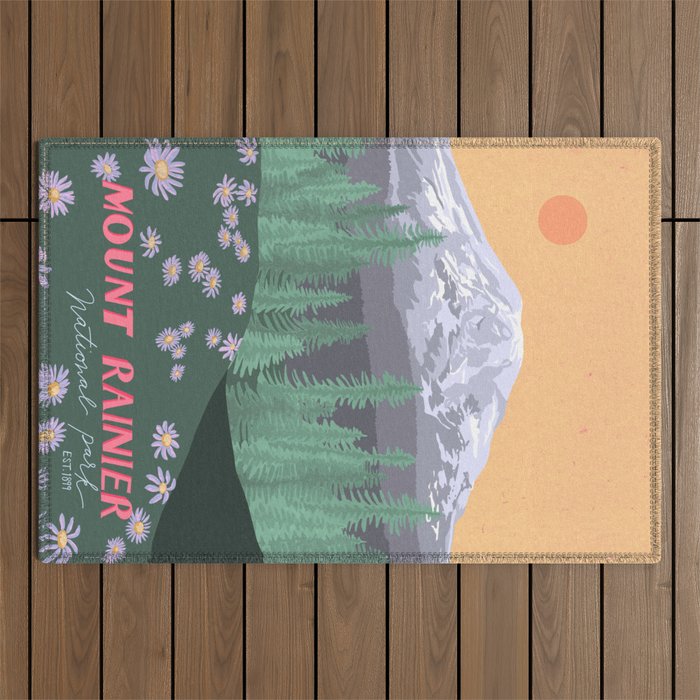 Mount Rainier National Park, Vintage Style Outdoor Rug Gallery Image 1