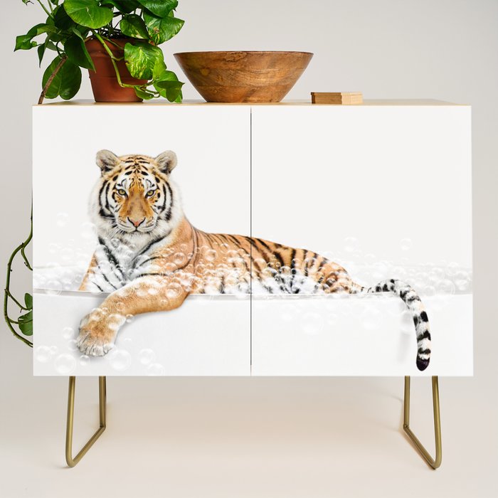 Tiger in a Bathtub, Tiger Taking a Bath, Tiger Bathing, Whimsy Animal Art Print By Synplus Credenza Gallery Image 1