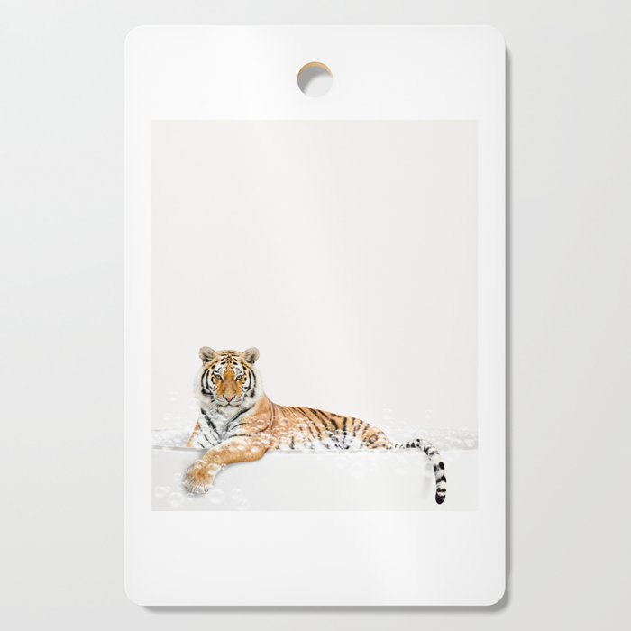 Tiger in a Bathtub, Tiger Taking a Bath, Tiger Bathing, Whimsy Animal Art Print By Synplus Cutting Board Gallery Image 1