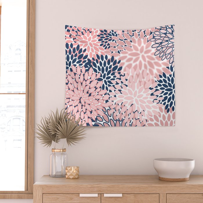 Festive, Floral Prints, Pink and Navy Blue Wall Tapestry Gallery Image 2
