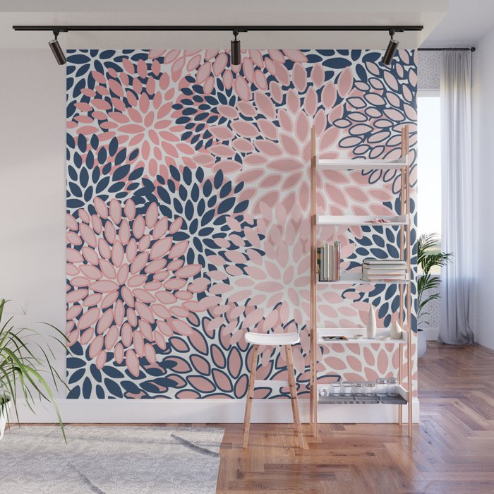 Festive, Floral Prints, Pink and Navy Blue Wall Mural Gallery Image 1