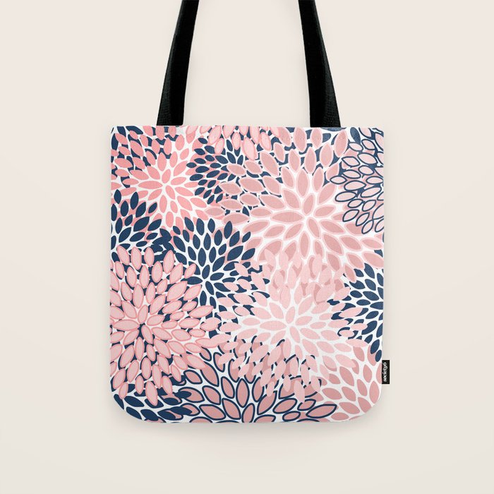 Festive, Floral Prints, Pink and Navy Blue Tote Bag Gallery Image 1