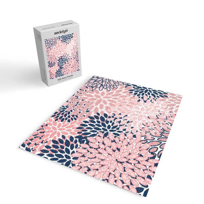 Festive, Floral Prints, Pink and Navy Blue Jigsaw Puzzle Gallery Image 2