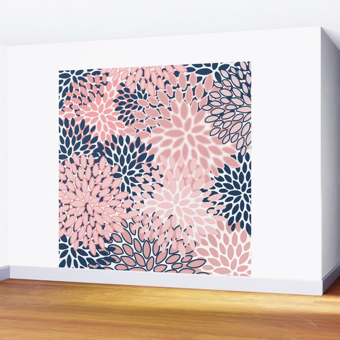 Festive, Floral Prints, Pink and Navy Blue Wall Mural Gallery Image 2