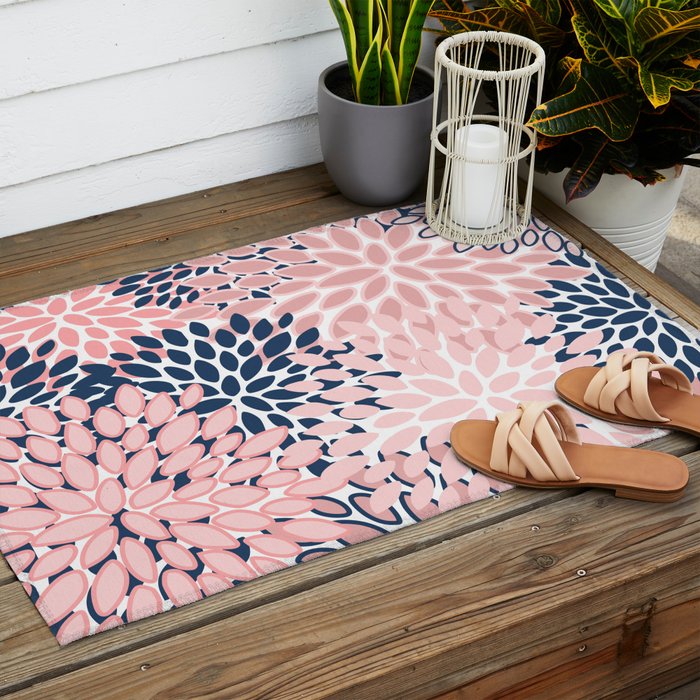 Festive, Floral Prints, Pink and Navy Blue Outdoor Rug Gallery Image 2