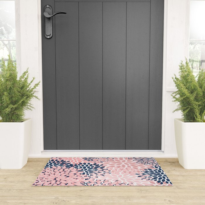 Festive, Floral Prints, Pink and Navy Blue Welcome Mat Gallery Image 3