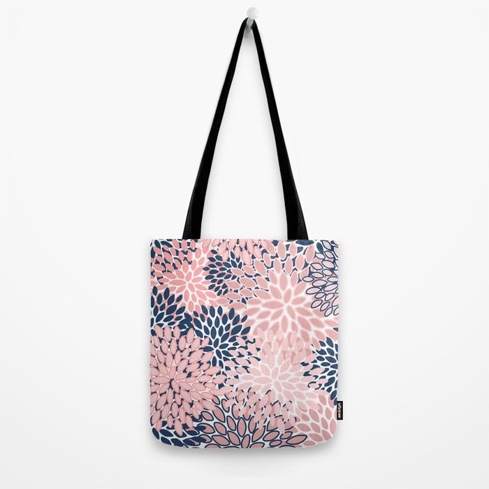 Festive, Floral Prints, Pink and Navy Blue Tote Bag Gallery Image 2