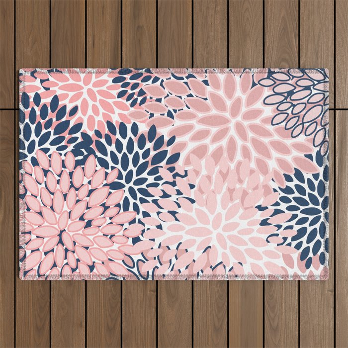 Festive, Floral Prints, Pink and Navy Blue Outdoor Rug Gallery Image 1