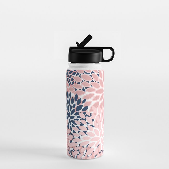 Festive, Floral Prints, Pink and Navy Blue Water Bottle Gallery Image 1